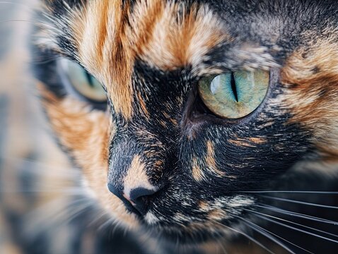 Intense feline gaze, Close-up of a tortoiseshell cat's piercing eyes