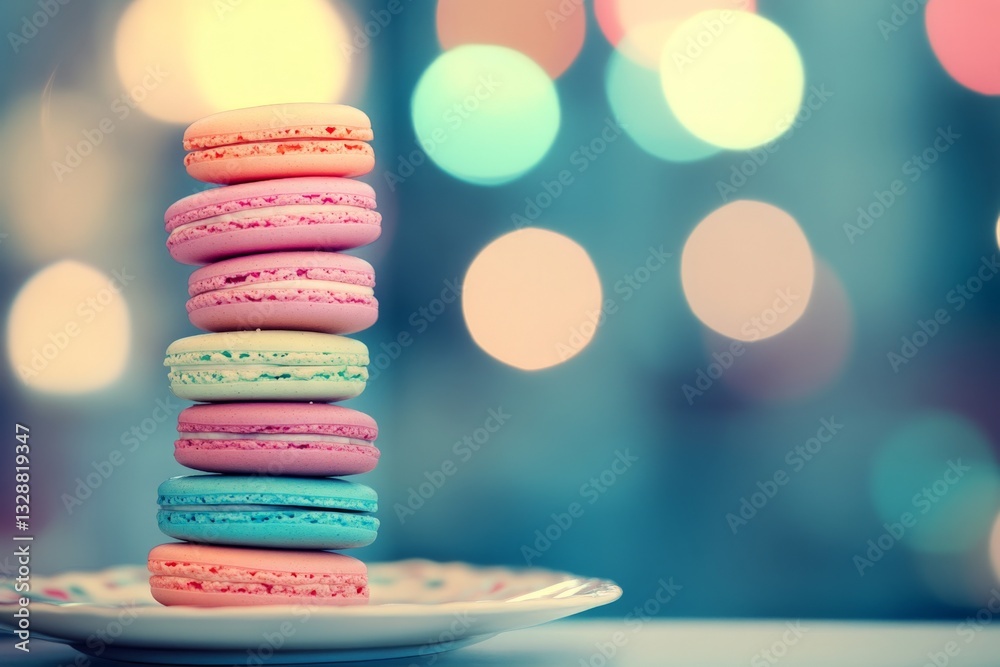 Aufkleber colorful macarons stacked on a decorative plate with vibrant bokeh lights in the background