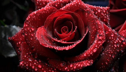 Velvet red rose petals with dewdrops, captured in dramatic lighting, rich texture and romantic elegance