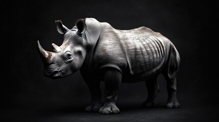 Obraz premium A majestic rhinoceros gazes right in a monochrome scene, bathed in deep grays, evoking timeless elegance and mystery within the frame
