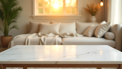 Fototapeta premium Elegant Marble Table with a Cozy Bedroom Backdrop, White marble countertop with blurred background of a living room with white curtains and plants, Modern bedroom interior, created with generative ai