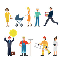 Set of icons of people of different professions and social statuses on a white background.