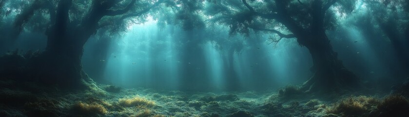 Fototapeta premium sunbeams streaming through a mystical forest, creating an enchanting and ethereal atmosphere