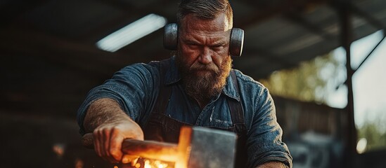 Blacksmith forging metal, workshop, fire