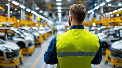 factory supervisor in safety vest observes car assembly line, ensuring quality control and safety