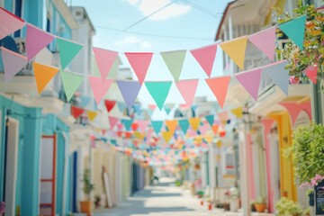 Colorful bunting adorns a vibrant street during a sunny afternoon celebration in a charming neighborhood setting