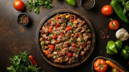 Turkish food Kuzu Tandir Lamb Delicacy Dish top view on a dark brown background