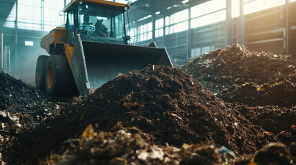 A loader moves large piles of organic waste in a waste management facility, focusing on composting and recycling efforts during bright daylight. Dust fills the air as work continues