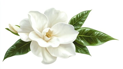 Obraz premium Delicate White Magnolia Blossom with Green Leaves