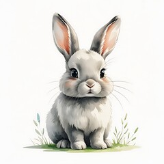 Obraz premium Adorable watercolor baby rabbit illustration with soft brushstrokes, Easter theme, and a clean white background, bunny in white background.