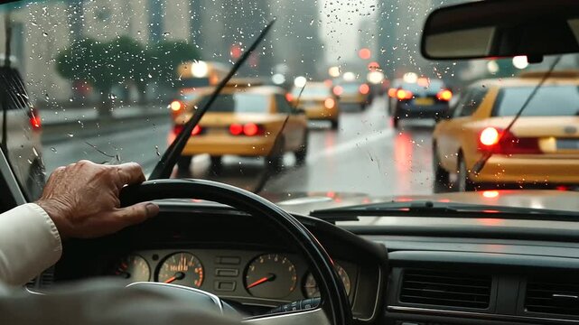 City taxi driver navigating through busy urban streets