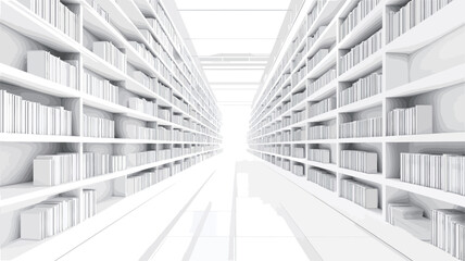 Obraz premium The image presents a digitally rendered, abstract view of a long corridor lined with white bookshelves. The shelves are uniformly filled with what appear to be uniformly sized, white books. The