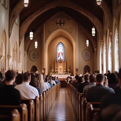 Easter service celebration historic church worship gathering spiritual environment audience perspective community spirit