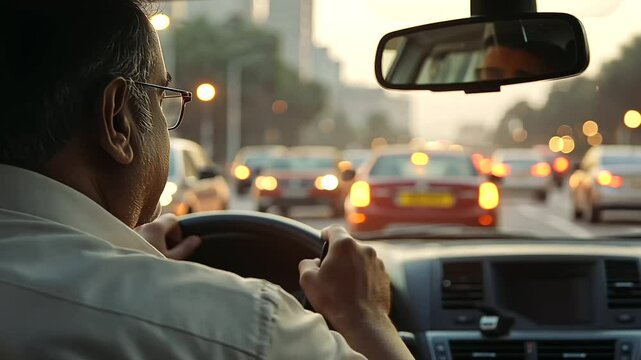 City Taxi Driver Navigating Through Heavy Urban Traffic