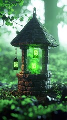 Enchanted Forest Well with Glowing Symbols and Lush Greenery