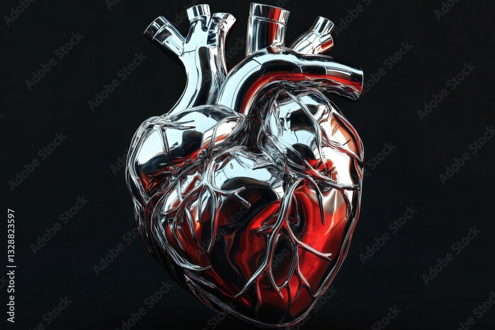 Poster realistic metallic heart sculpture displayed against a dark background showing intricate details and