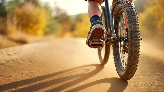 A child riding a bike without training wheels on a dusty trail