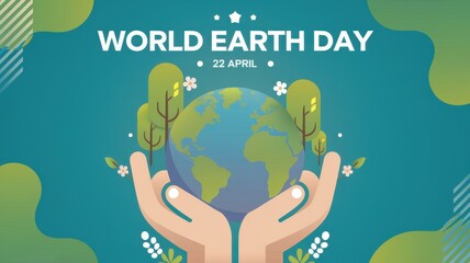 Earth Day celebration graphic, hands holding globe, sustainability, environmental awareness, nature protection, Earth Day 2024, eco-friendly design, green living.