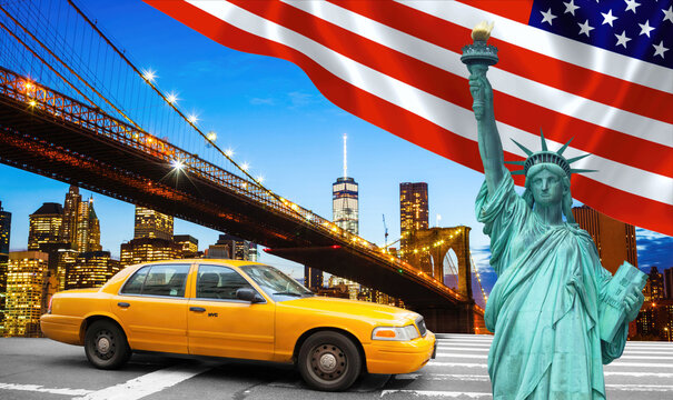 Photo collage of New York City with yellow taxi cab, Statue of Liberty, Brooklyn Bridge at twilight and United States flag waving in the wind