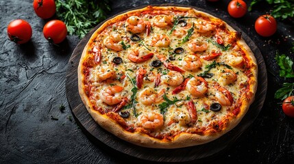 Sea food Seafood pizza Variety of pizza with seafood Dish top view on a dark marble background