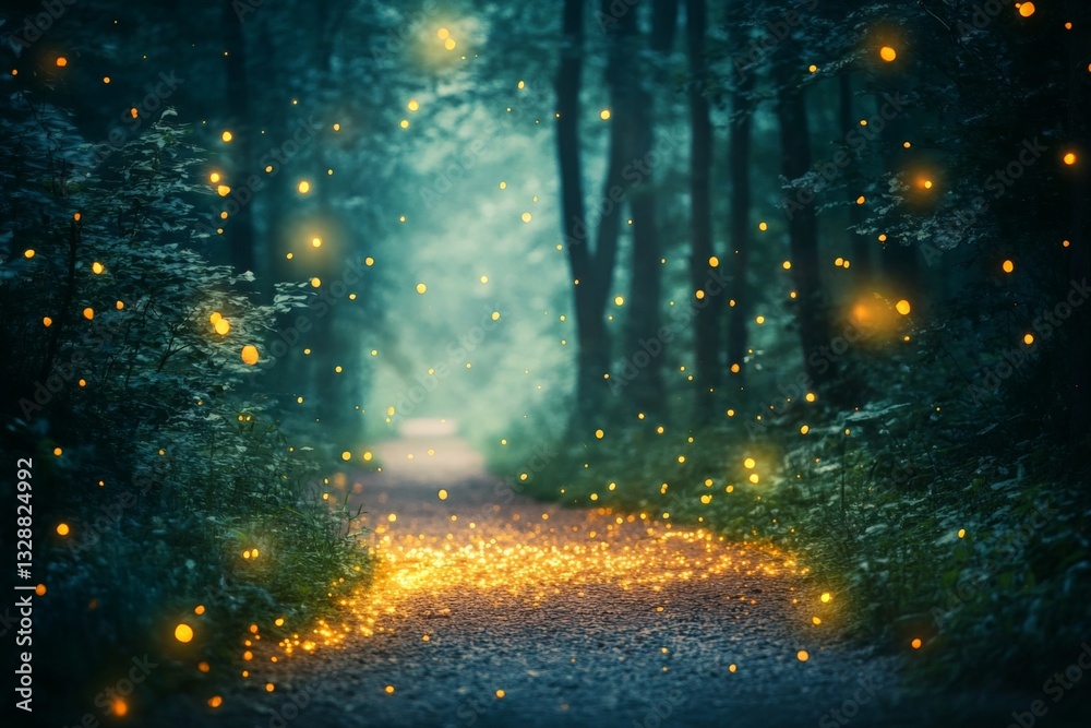 Aufkleber magical glow of fireflies illuminating a forest pathway at twilight in a serene natural setting