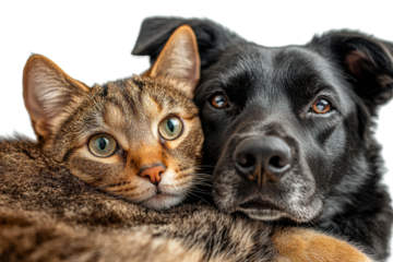 Pet friends cuddle on a soft surface together