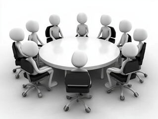 3d people sitting around round table, they look curious and are in meeting, mood is focused and collaborative