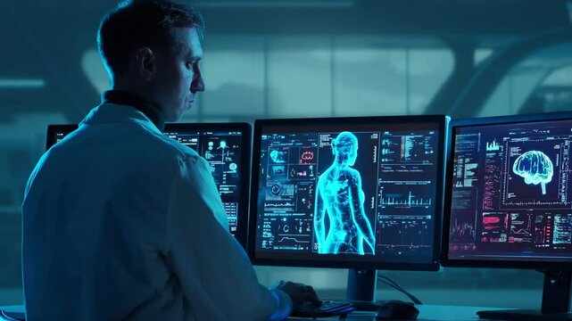 Doctor working at futuristic office, multiple monitors displaying medical images, data and body scans.