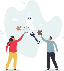 Youth in tech and teenagers work with robots coding. Programming artificial intelligence device with software and electronic engineering.flat character life .