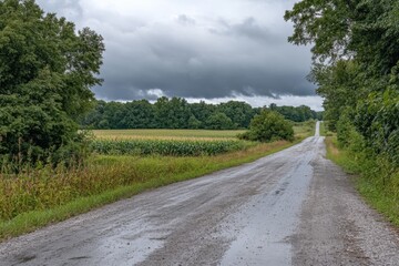 Fototapeta premium Scenic gravel road lined with greenery and fields under a cloudy sky in rural countryside