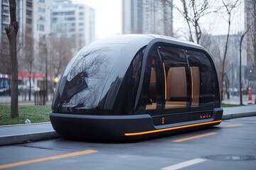 Futuristic autonomous vehicle parked on an urban street during a cloudy day in a modern city
