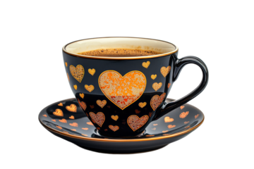 Elegant black coffee cup with heart designs on saucer