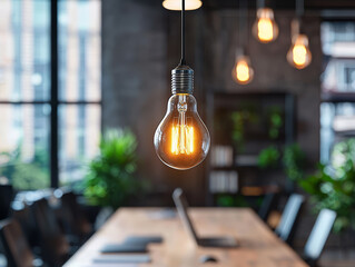 bright idea hanging over table in an office, creating sense of focus and inspiring ideas