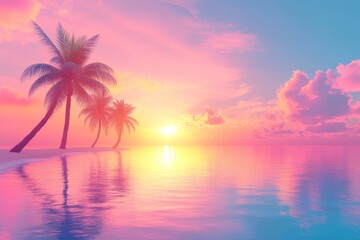 Serene sunset over a tranquil beach with palm trees silhouetted against a colorful sky
