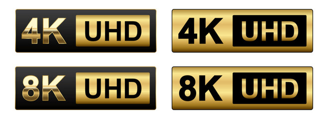 4K 8K UHD golden sticker label Set ,High definition label. 8K 4K Gold Ultra HD symbol, resolution monitor screen color mark, UHD 3840p video icon ,realistic shiny and glossy Vector isolated on white