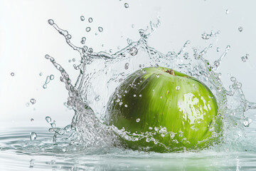 Green coconut dropping into water with water splash for commercial advertisement isolated on white background, Selective focus tropical green coconut juice with refreshing drink concept.