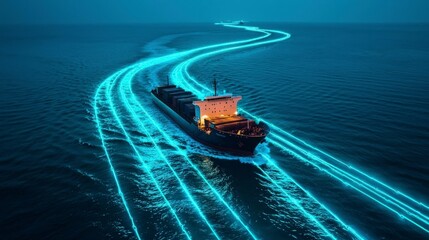 Cargo ship with glowing trails on the ocean surface