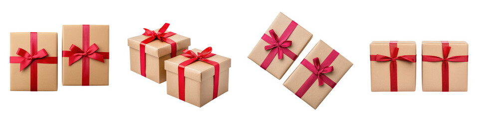 Obraz premium A group of various sized gift boxes wrapped in brown paper and tied with bright red ribbon and bows arranged on a white background