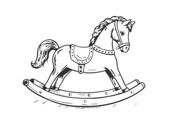 Cute cartoon horse wooden toy. Blue baby wooden horse Watercolor vector illustration