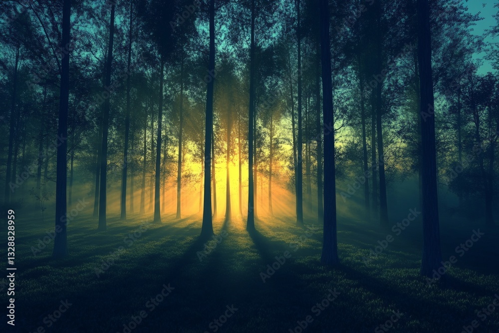 Aufkleber Misty forest at dawn with sunlight filtering through towering trees and creating a magical atmosphere