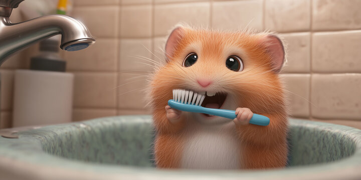 cute hamster brushing teeth