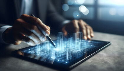 Fototapeta premium A professional individual using a tablet to design or analyze 3D digital city structures, showcasing advanced technology in urban planning or architectural design.