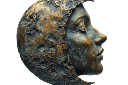 Sculpture of a moon face with a serene expression
