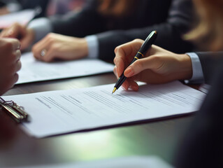 Business people at table reviewing documents and contracts, feeling serious and focused while making important decisions