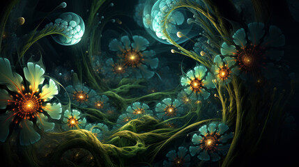 Obraz premium A surreal composition of luminous flowers and twisting vines in a mystical, otherworldly environment with vibrant colors