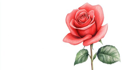 Fototapeta premium Delicate Watercolor Painting of a Single Blooming Rose with Soft Petals and Green Leaves