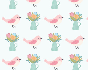 Cute birds. Spring pattern. Vector flat illustration