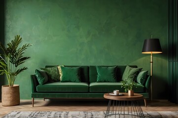 Interior mockup green wall with green sofa and green armchair in living room.