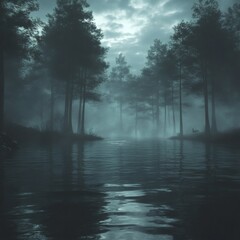Fototapeta premium a mysterious and atmospheric scene of a forest and lake shrouded in mist. The trees stand tall and the water reflects the eerie, dim light above
