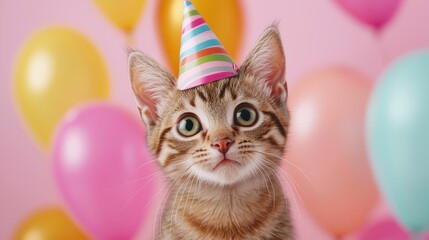 Adorable Cat Wearing Party Hat Surrounded by Colorful Balloons for Celebration